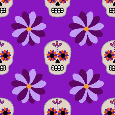 Seamless pattern with stylized sugar skulls and purple flowers on a vibrant purple background, perfect for Day of the Dead themed designs.