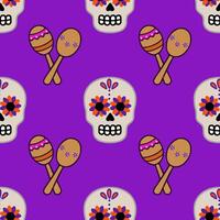 Vibrant seamless pattern featuring Day of the Dead sugar skulls adorned with orange and purple flowers, playfully interspersed with maracas on a rich purple background. vector