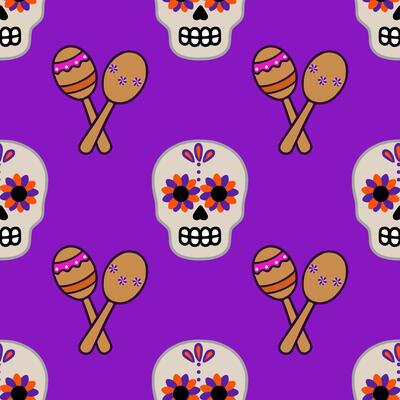 Vibrant seamless pattern featuring Day of the Dead sugar skulls adorned with orange and purple flowers, playfully interspersed with maracas on a rich purple background.