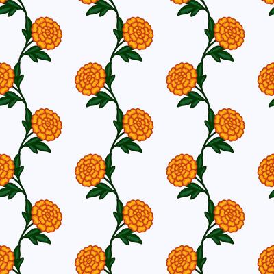 Seamless pattern of stylized orange marigolds on white background, creating a vibrant and elegant floral design perfect for textile prints, wallpapers, or decorative elements.