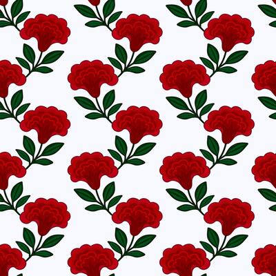 Seamless pattern with stylized red flowers cresta de gallo and green leaves on a white background, creating a vibrant and elegant floral design.