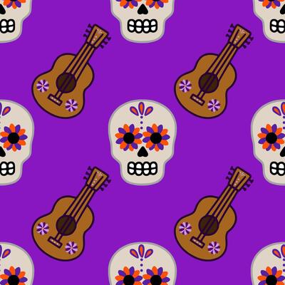 Seamless pattern featuring vibrant Day of the Dead sugar skulls adorned with orange and purple flowers, playfully paired with brown acoustic guitars on a rich purple background, creating a f...