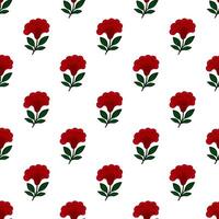 Seamless pattern of stylized crimson celosia flowers with dark green leaves on a white background, ideal for textile prints or wallpapers. vector