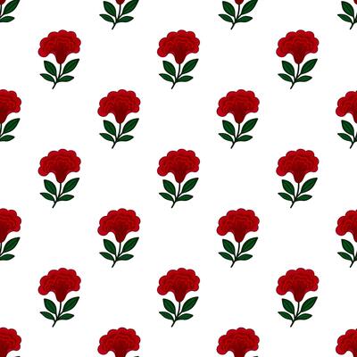 Seamless pattern of stylized crimson celosia flowers with dark green leaves on a white background, ideal for textile prints or wallpapers.