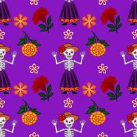 Vibrant seamless pattern featuring Calavera Catrina skeletons in traditional Mexican attire, waving and surrounded by marigolds and other colorful flowers on a rich purple background, perfec... vector