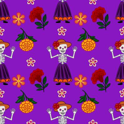 Vibrant seamless pattern featuring Calavera Catrina skeletons in traditional Mexican attire, waving and surrounded by marigolds and other colorful flowers on a rich purple background, perfec...