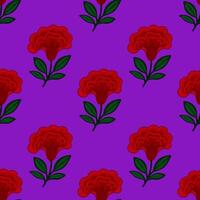 Seamless pattern of stylized red flowers cresta de gallo with dark green leaves on a vibrant purple background, creating a bold and festive design ideal for various applications. vector