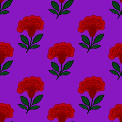 Seamless pattern of stylized red flowers cresta de gallo with dark green leaves on a vibrant purple background, creating a bold and festive design ideal for various applications.