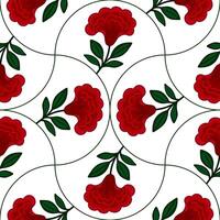 Seamless pattern with stylized cresta de gallo red flowers and green leaves arranged in a curved, repeating design on a white background, creating an elegant and sophisticated floral texture. vector