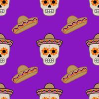 Seamless pattern featuring vibrant Day of the Dead sugar skulls adorned with sunflowers and traditional sombreros on a rich purple background, ideal for festive designs. vector