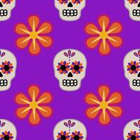 Vibrant seamless pattern featuring stylized sugar skulls adorned with orange and purple flowers on a rich purple background, perfect for Day of the Dead celebrations. vector