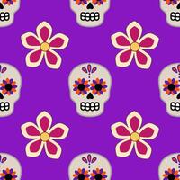 Seamless pattern featuring vibrant sugar skulls and stylized flowers on a rich purple background, ideal for Day of the Dead designs. vector
