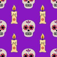 Seamless pattern featuring vibrant Day of the Dead sugar skulls with floral accents and lit candles on a rich purple background, ideal for festive designs. vector