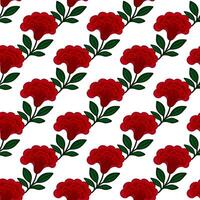 Seamless pattern of stylized crimson celosia flowers with dark green leaves on a white background, creating a vibrant and elegant floral design. vector