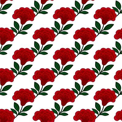 Seamless pattern of stylized crimson celosia flowers with dark green leaves on a white background, creating a vibrant and elegant floral design.