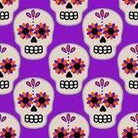 Seamless pattern featuring stylized sugar skulls with vibrant orange and purple floral accents on a rich purple background, ideal for Day of the Dead celebrations. vector