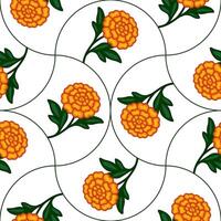 Seamless pattern with stylized orange marigolds and dark green leaves arranged in a unique curved pattern on a white background, ideal for textile prints or festive designs. vector
