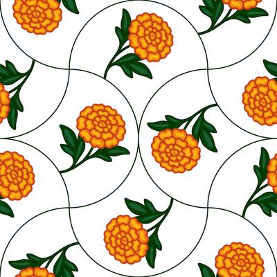Seamless pattern with stylized orange marigolds and dark green leaves arranged in a unique curved pattern on a white background, ideal for textile prints or festive designs.