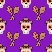 Seamless pattern featuring vibrant Day of the Dead sugar skulls wearing sombreros, adorned with sunflowers, playfully paired with maracas on a rich purple background. vector