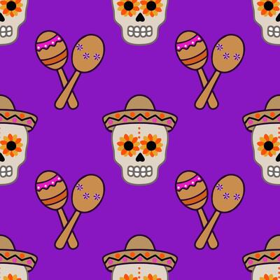 Seamless pattern featuring vibrant Day of the Dead sugar skulls wearing sombreros, adorned with sunflowers, playfully paired with maracas on a rich purple background.