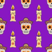 Festive Day of the Dead Seamless Pattern Vibrant purple background with repeating sugar skulls wearing sombreros, adorned with sunflowers, and flickering candles, creating a lively and cel... vector
