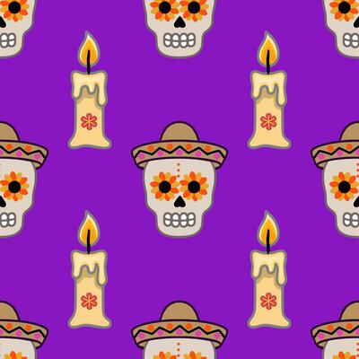 Festive Day of the Dead Seamless Pattern Vibrant purple background with repeating sugar skulls wearing sombreros, adorned with sunflowers, and flickering candles, creating a lively and cel...