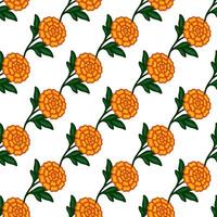 Seamless pattern of stylized marigold flowers with dark green leaves on a white background, creating a vibrant and festive design ideal for textile prints, wallpapers, or packaging. vector