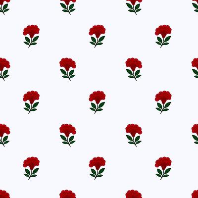 Seamless pattern with stylized red flowers cresta de gallo and green leaves on a white background, ideal for textile design or wrapping paper.