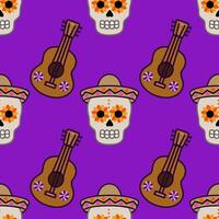 Vibrant seamless pattern featuring Day of the Dead sugar skulls adorned with sunflowers, wearing sombreros, and accompanied by brown ukuleles on a rich purple background. vector