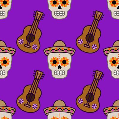 Vibrant seamless pattern featuring Day of the Dead sugar skulls adorned with sunflowers, wearing sombreros, and accompanied by brown ukuleles on a rich purple background.