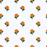 Seamless pattern of stylized orange marigold flowers with dark green leaves on a white background, perfect for textile prints or festive designs. vector