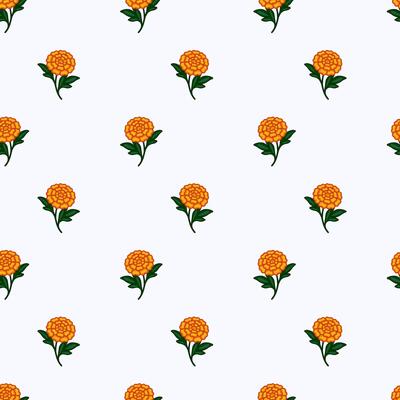 Seamless pattern of stylized orange marigold flowers with dark green leaves on a white background, perfect for textile prints or festive designs.