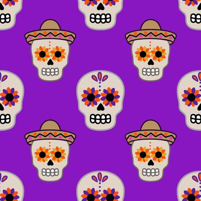 Vibrant seamless pattern featuring Day of the Dead sugar skulls in sombreros, adorned with orange and purple floral designs on a rich purple background.