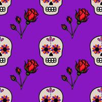 Seamless pattern featuring vibrant Day of the Dead sugar skulls adorned with orange and purple flowers, accompanied by stylized red roses on a rich purple background. vector