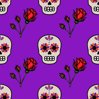Seamless pattern featuring vibrant Day of the Dead sugar skulls adorned with orange and purple flowers, accompanied by stylized red roses on a rich purple background.