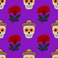 Vibrant seamless pattern featuring Dia de Muertos sugar skulls in sombreros, adorned with sunflowers, and complemented by stylized red flowers on a rich purple background. vector