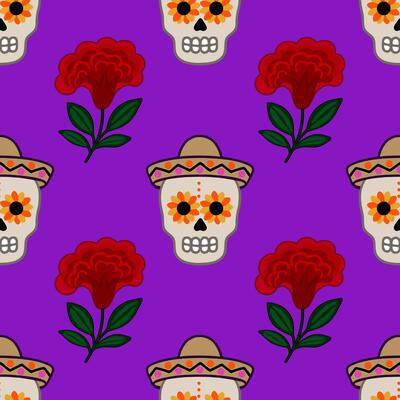 Vibrant seamless pattern featuring Dia de Muertos sugar skulls in sombreros, adorned with sunflowers, and complemented by stylized red flowers on a rich purple background.