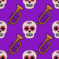 Vibrant seamless pattern featuring ornate sugar skulls and golden trumpets, ideal for Day of the Dead celebrations or festive designs. vector
