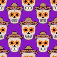 Festive Seamless Pattern of Calaveras Skulls in Sombreros with Floral Eye Designs on Vibrant Purple Background vector