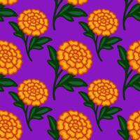 Seamless pattern of stylized orange marigolds on a vibrant purple background, perfect for Day of the Dead or Mexican-inspired designs. vector