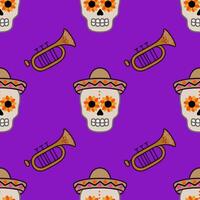 Vibrant Seamless Pattern Featuring Day of the Dead Skulls in Sombreros and Ornate Trumpets on a Purple Background vector