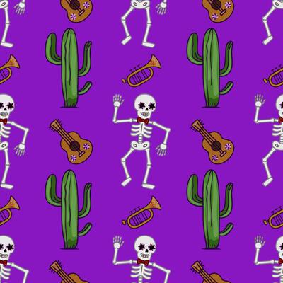 Vibrant seamless pattern featuring dancing skeletons with floral eye decorations, cacti, guitars, and trumpets, celebrating Dia de los Muertos.