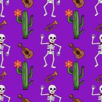 Vibrant Seamless Pattern Day of the Dead Fiesta with Dancing Skeletons, Cacti, Guitars, and Trumpets on Purple Background vector