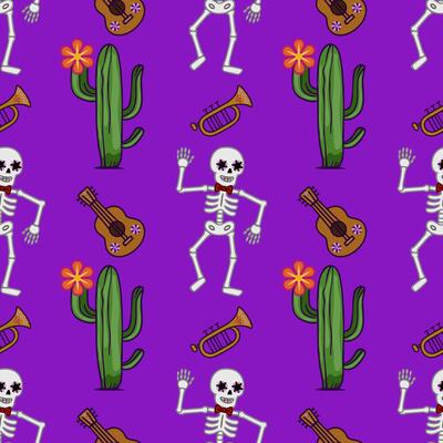 Vibrant Seamless Pattern Day of the Dead Fiesta with Dancing Skeletons, Cacti, Guitars, and Trumpets on Purple Background