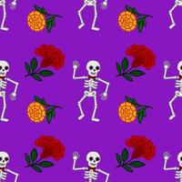 Seamless pattern featuring dancing skeletons with floral marigold and red flower accents on a vibrant purple background, perfect for Day of the Dead celebrations. vector