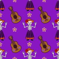 Vibrant seamless pattern featuring Day of the Dead skeletons in traditional attire, guitars, and colorful flowers on a rich purple background, ideal for festive designs. vector