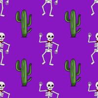 Seamless pattern featuring dancing skeletons with floral eye decorations and red bow ties, playfully interacting with vibrant green cacti against a rich purple background, ideal for Day of t... vector
