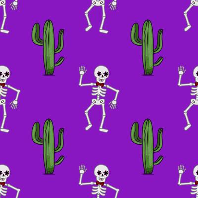 Seamless pattern featuring dancing skeletons with floral eye decorations and red bow ties, playfully interacting with vibrant green cacti against a rich purple background, ideal for Day of t...