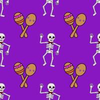 Seamless pattern featuring dancing skeletons with floral eye makeup and maracas, set against a vibrant purple background, ideal for Day of the Dead celebrations. vector