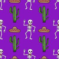Seamless pattern featuring vibrant purple background, dancing skeletons with floral eye makeup and red bow ties, along with green cacti and traditional Mexican sombreros, creating a festive... vector